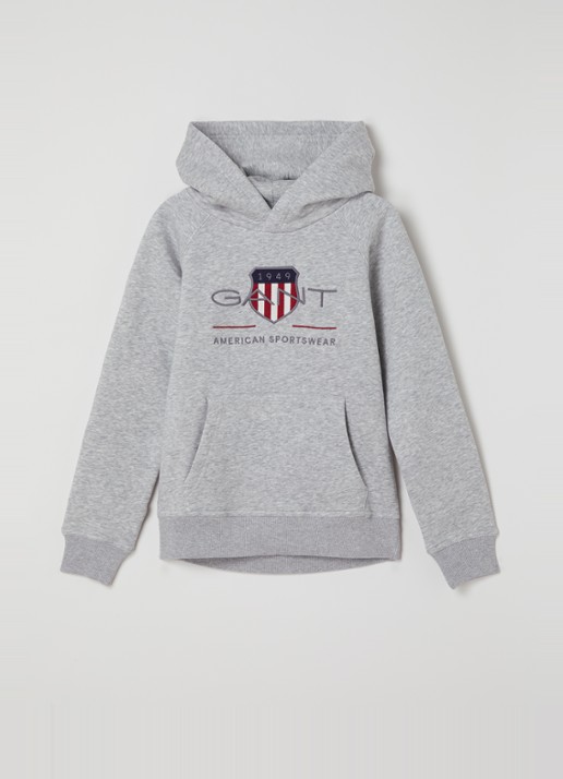Gant Hoodie met logoborduring  - voorkant 2 grijsmele