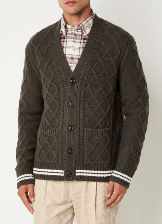 Gant Kabelgebreid vest in wolblend met opgestikte zakken - detail bruin