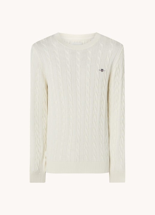 Gant Kabelgebreide trui met logoborduring - voorkant creme