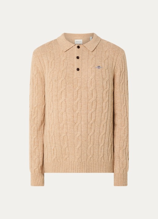 Gant Kabelgebreide trui van lamswol - voorkant 2 beige
