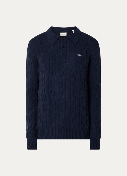 Gant Kabelgebreide trui van lamswol - voorkant 3 donkerblauw
