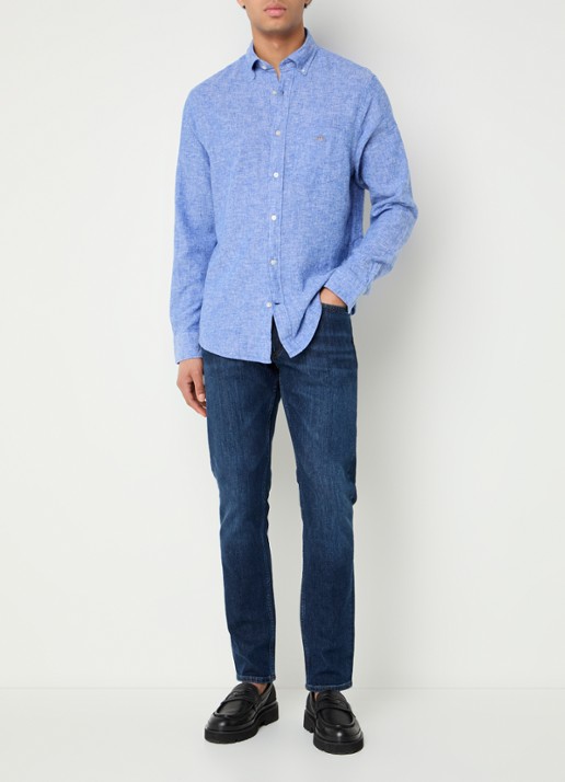 Gant Regular fit overhemd in linnenblend met logoborduring - voorkant 3 blauw