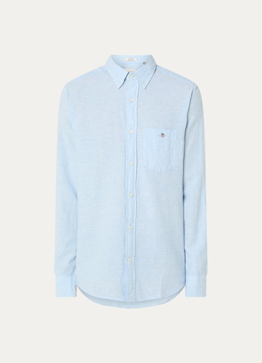 Gant Regular fit overhemd in linnenblend met logoborduring - voorkant lichtblauw