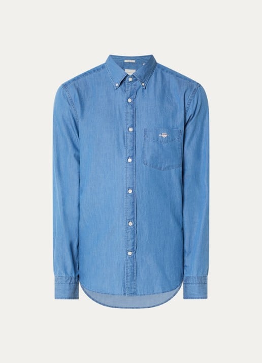 Gant Regular fit overhemd van chambray met borstzak - voorkant 2 blauw