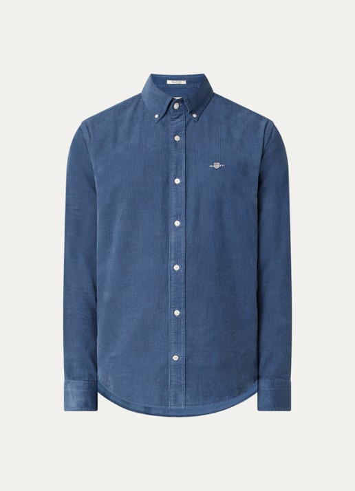 Gant Regular fit overhemd van corduroy met logoborduring - voorkant staalblauw