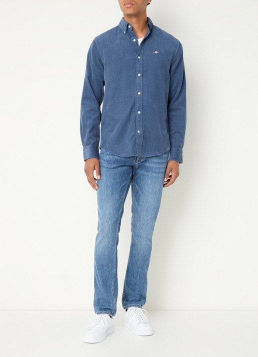 Gant Regular fit overhemd van corduroy met logoborduring - voorkant 2 staalblauw