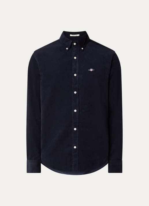 Gant Regular fit overhemd van corduroy met logoborduring - voorkant 3 donkerblauw