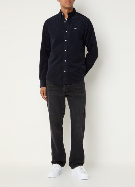 Gant Regular fit overhemd van corduroy met logoborduring - voorkant 4 donkerblauw
