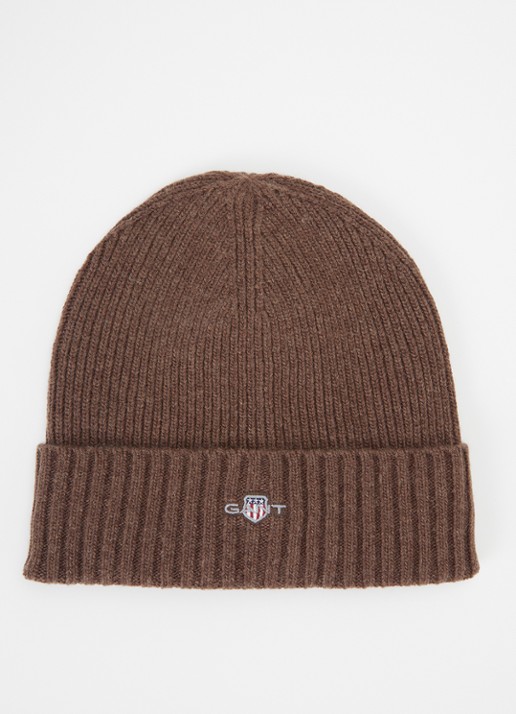 Gant Ribgebreide muts in wolblend met logo - voorkant lichtbruin