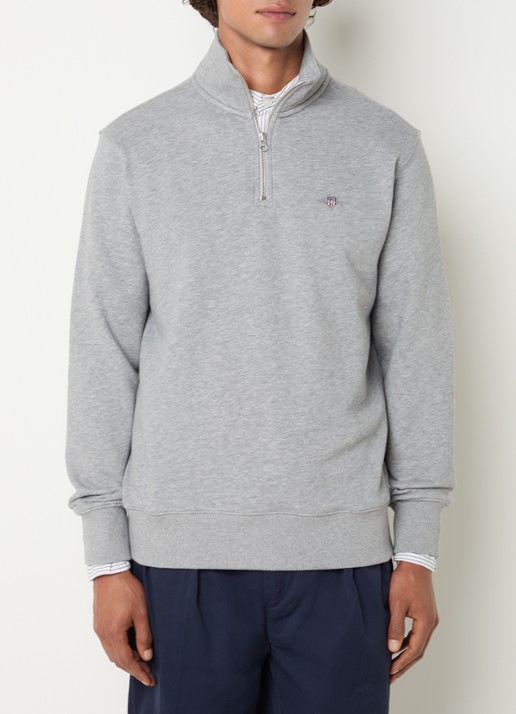 Gant Shield sweater met halve rits en logo - detail middengrijs