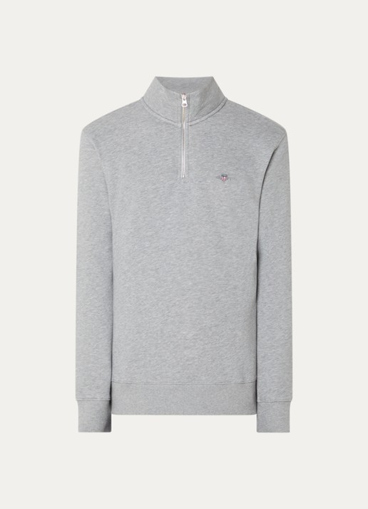 Gant Shield sweater met halve rits en logo - voorkant 3 middengrijs