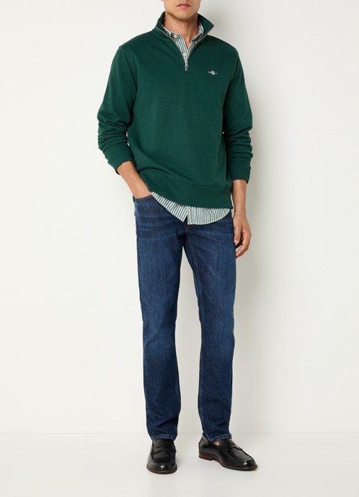 Gant Sweater met halve rits en logoborduring - voorkant 3 legergroen