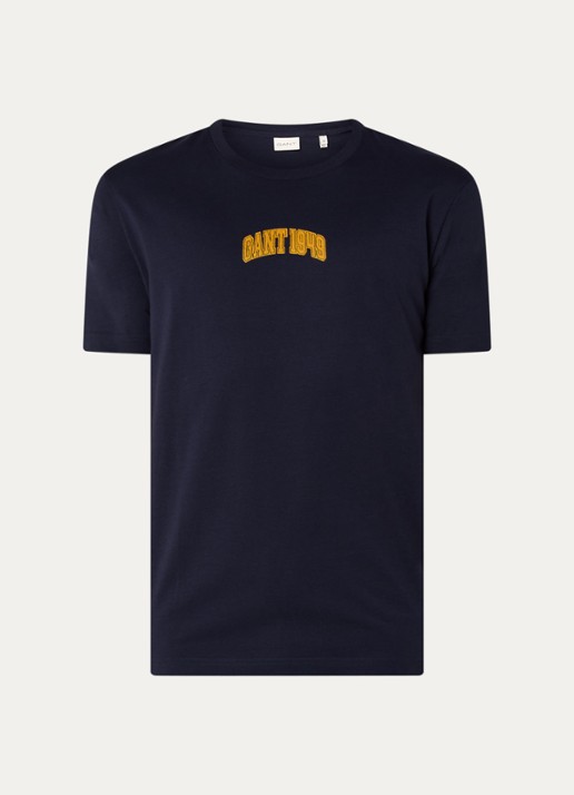 Gant T-shirt met flock logoprint - voorkant donkerblauw