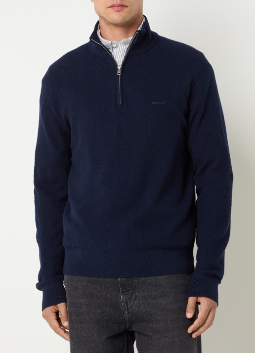 Gant Trui met logo en halve rits - detail blauw
