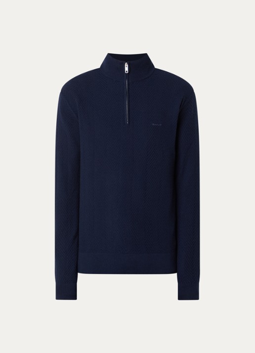 Gant Trui met logo en halve rits - voorkant 3 blauw