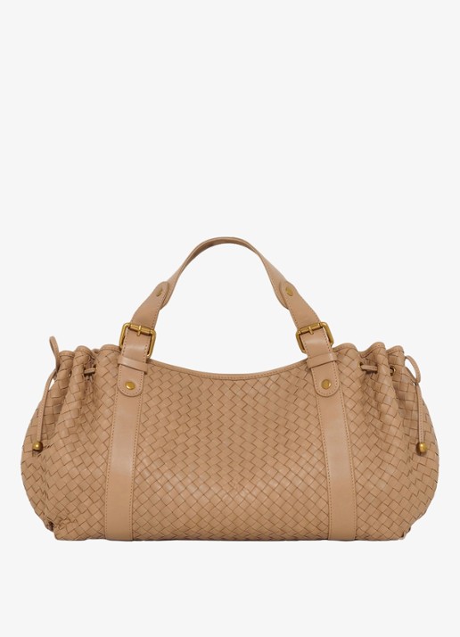 Gerard Darel 24H handtas van leer met gevlochten detail - voorkant camel