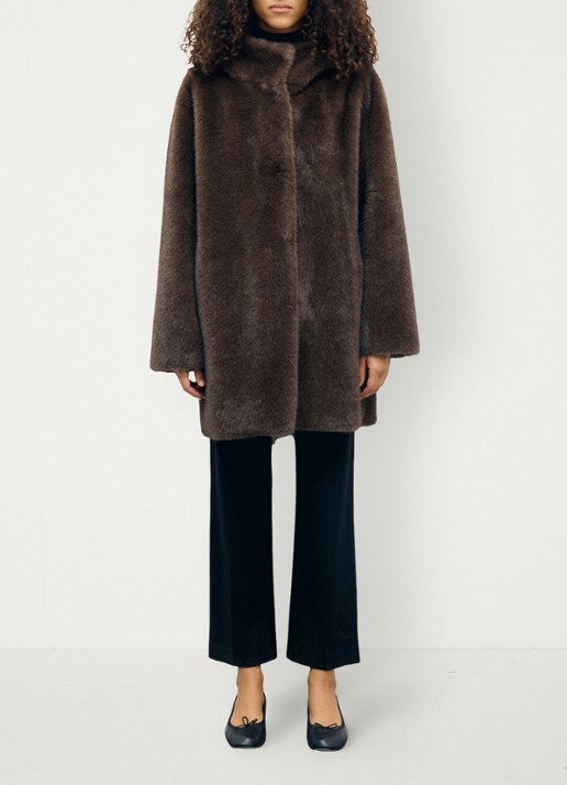 Gerard Darel Amy jas van imitatiebont met capuchon - voorkant 4 naturel