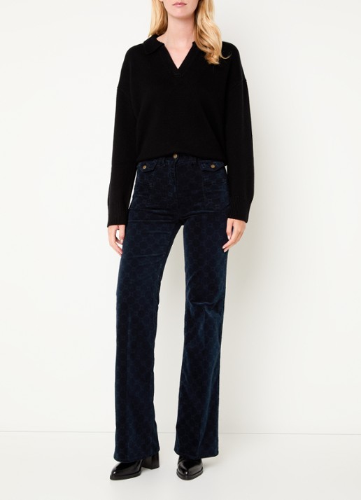 Gerard Darel Anna high waist flared fit broek van corduroy met logoprint - voorkant 3 donkerblauw