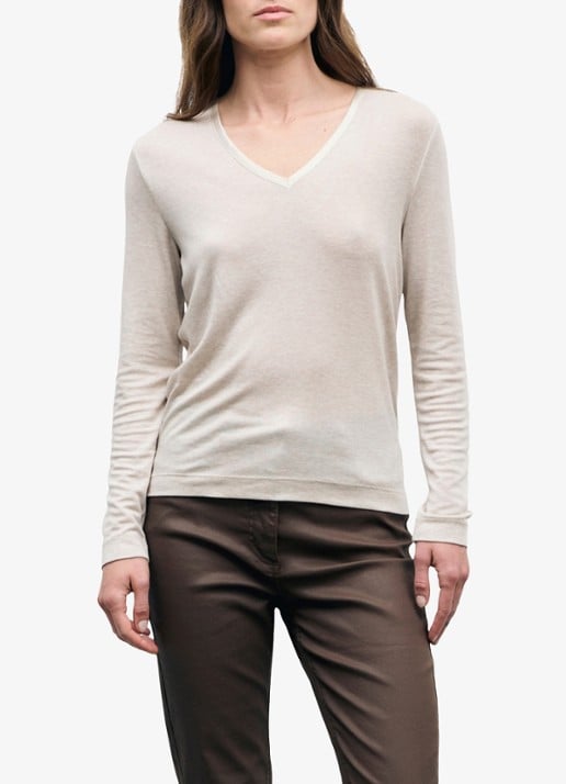 Gerard Darel Belen longsleeve in wolblend met V-hals - detail beige
