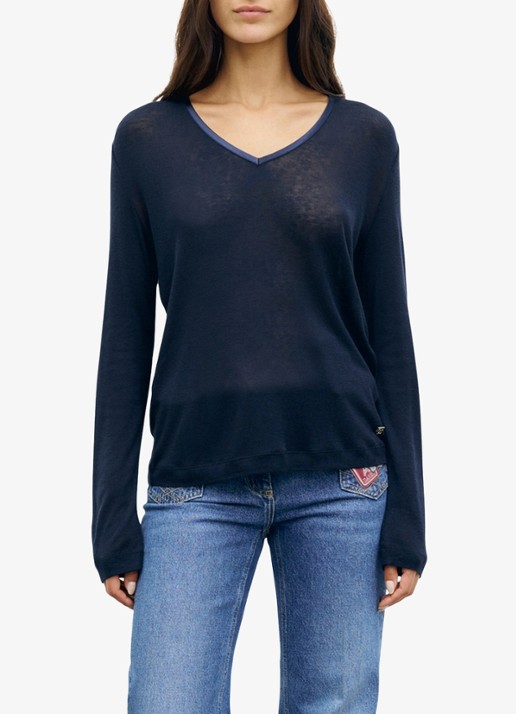 Gerard Darel Belen longsleeve in wolblend met V-hals - detail donkerblauw