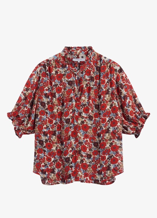 Gerard Darel Blouse met bloemenprint en ruches - voorkant rood
