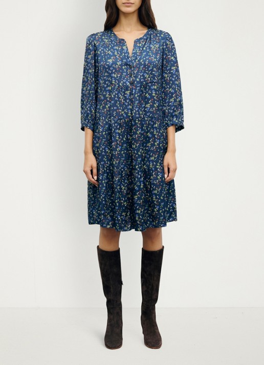 Gerard Darel Caly midi jurk met bloemenprint - voorkant 2 blauw