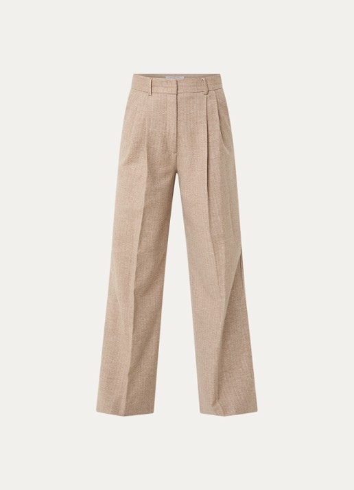 Gerard Darel Coline high waist straight fit pantalon in wolblend met krijtstreep - voorkant donkerbeige