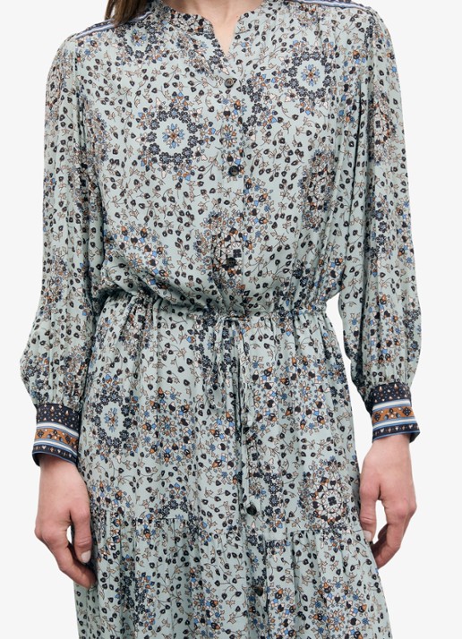 Gerard Darel Cyril maxi jurk met bloemenprint en strikceintuur - detail 4 blauwgrijs