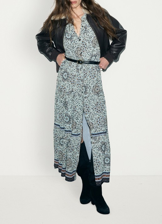 Gerard Darel Cyril maxi jurk met bloemenprint en strikceintuur - detail 5 blauwgrijs