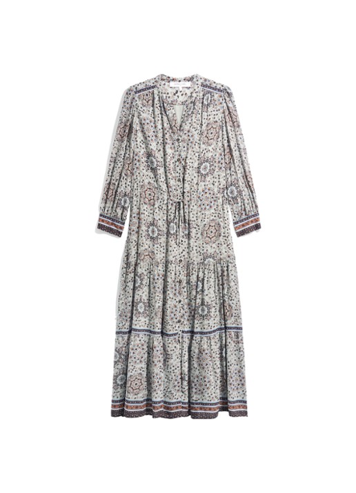 Gerard Darel Cyril maxi jurk met bloemenprint en strikceintuur - voorkant blauwgrijs