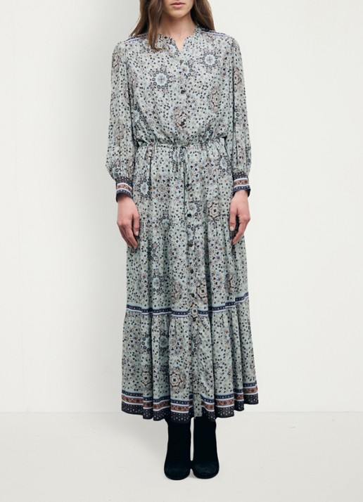 Gerard Darel Cyril maxi jurk met bloemenprint en strikceintuur - voorkant 2 blauwgrijs