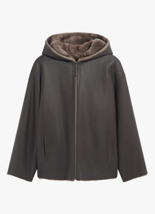 Gerard Darel Fani lammy coat van leer met capuchon - voorkant 4 lichtbruin