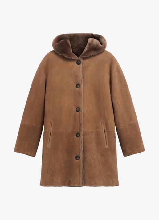 Gerard Darel Flora reversible lammy coat van leer met capuchon - voorkant 4 lichtbruin