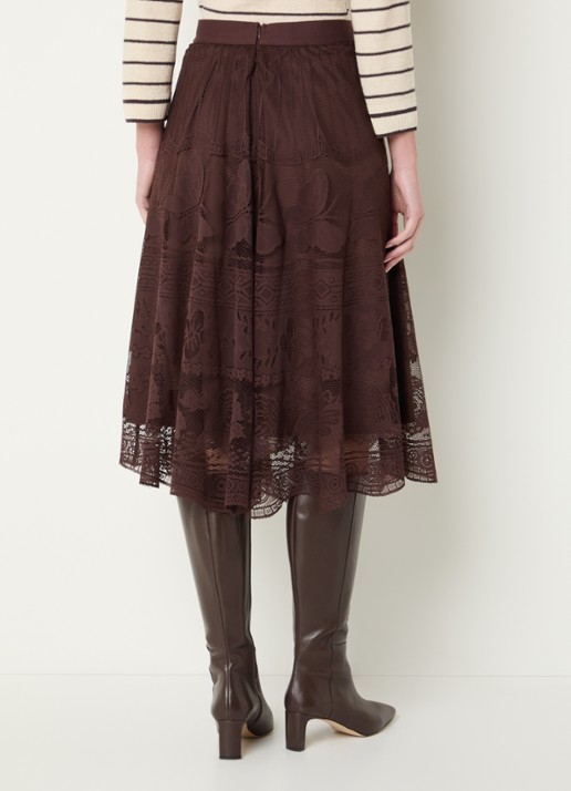 Gerard Darel Jany midi rok met bloemenprint van kant - achterkant 2 donkerbruin
