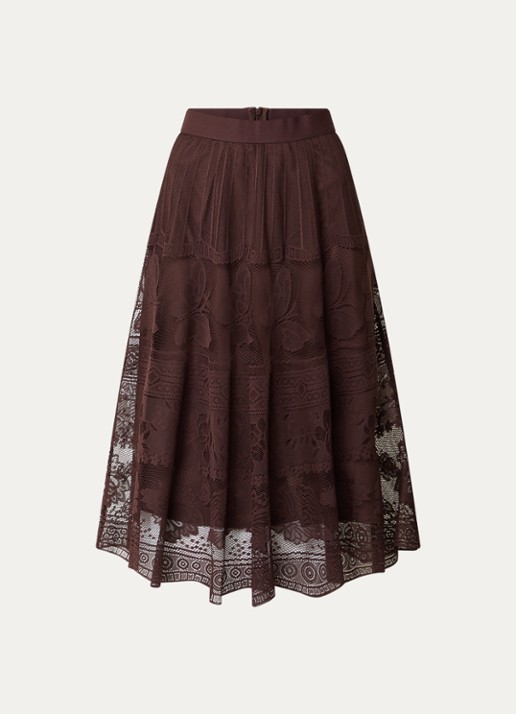 Gerard Darel Jany midi rok met bloemenprint van kant - voorkant 3 donkerbruin