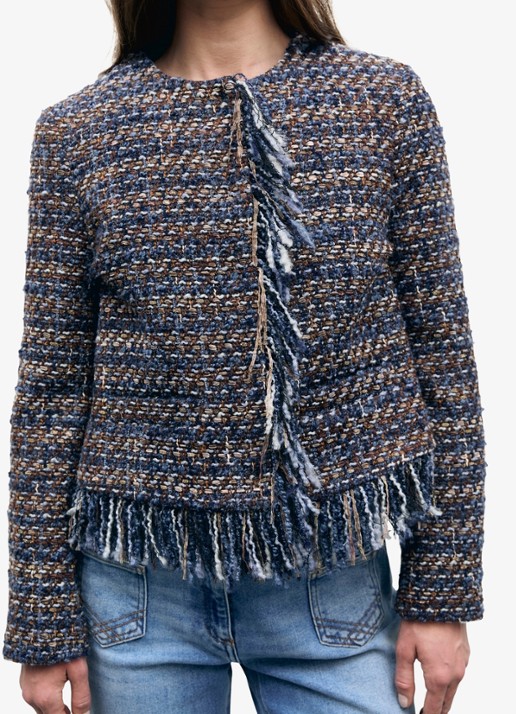 Gerard Darel Joya jack in wolblend met tweed-look en franjes - detail 2 indigo