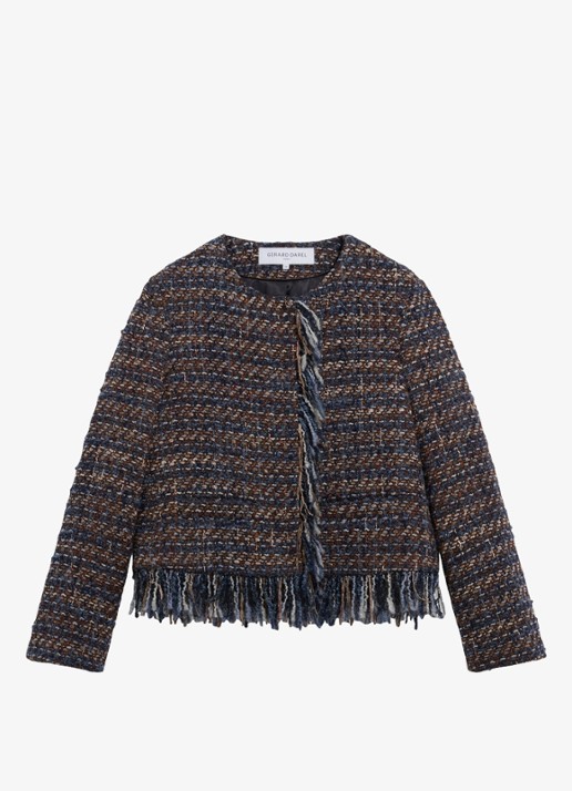 Gerard Darel Joya jack in wolblend met tweed-look en franjes - voorkant 4 indigo