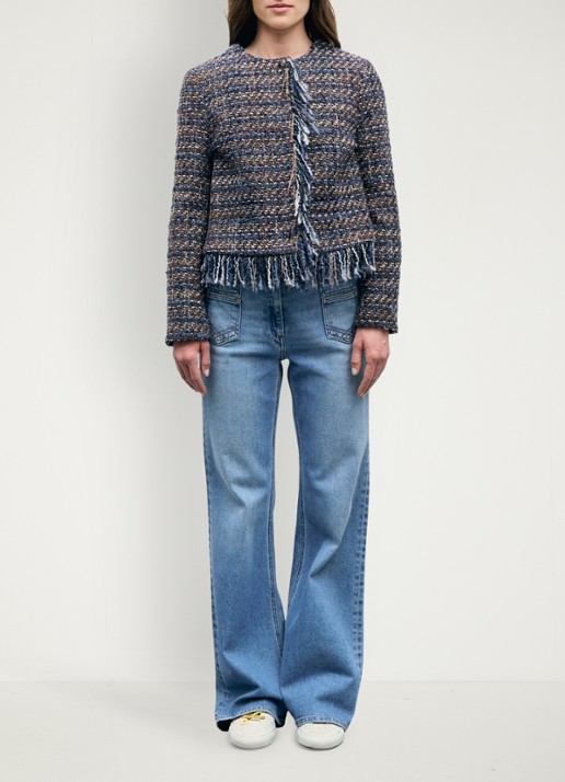 Gerard Darel Joya jack in wolblend met tweed-look en franjes - voorkant 5 indigo