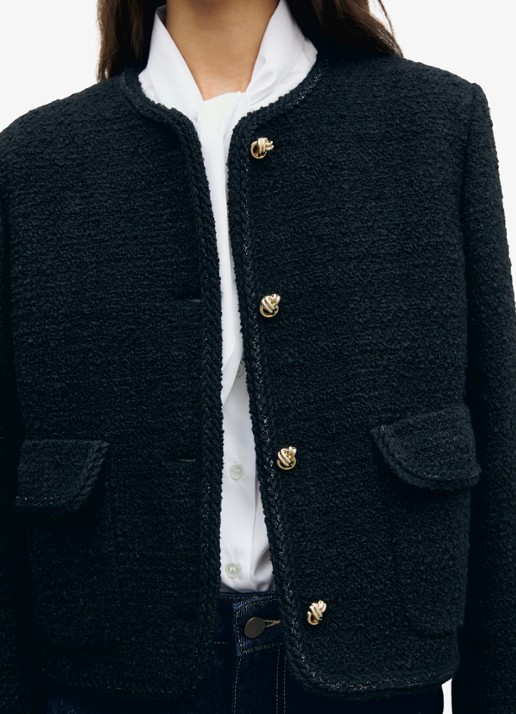Gerard Darel Judye cropped blazer in wolblend met tweed-look  - detail 3 zwart