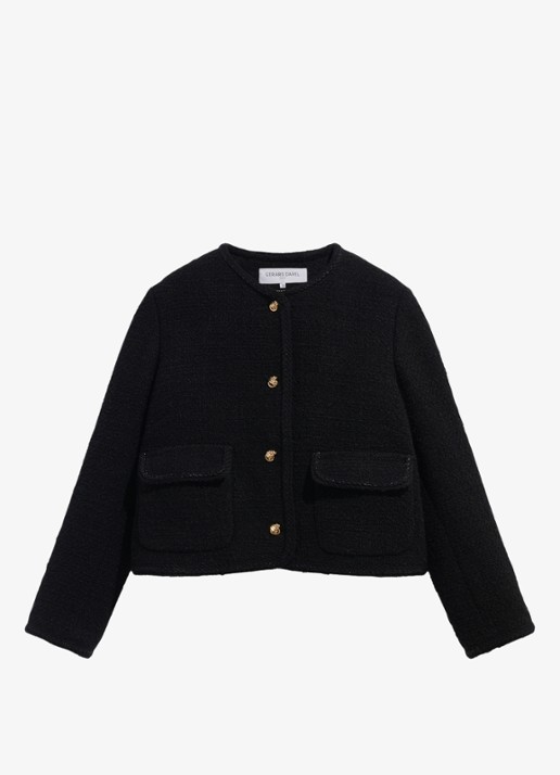 Gerard Darel Judye cropped blazer in wolblend met tweed-look  - voorkant 5 zwart