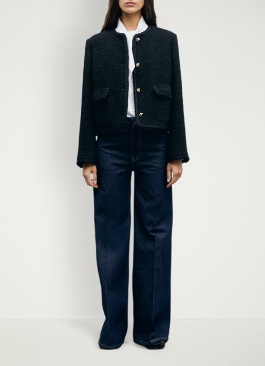 Gerard Darel Judye cropped blazer in wolblend met tweed-look  - voorkant 6 zwart