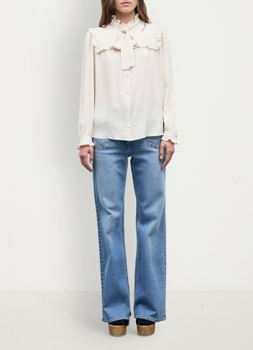 Gerard Darel Leia blouse in zijdeblend met ruches - voorkant 2 beige