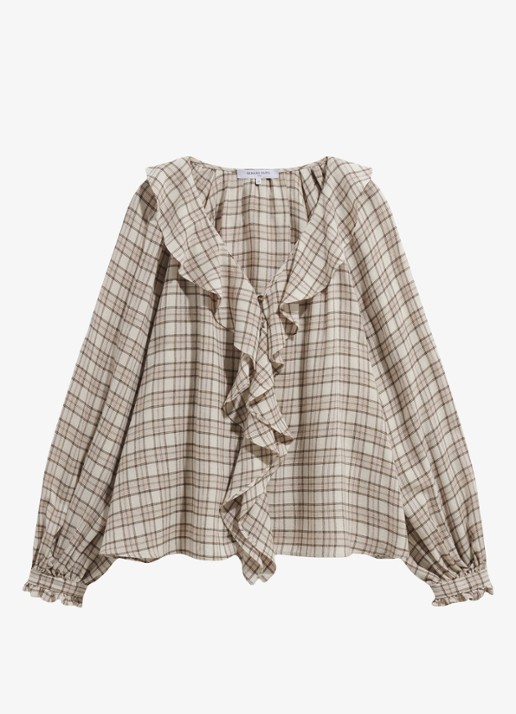 Gerard Darel Lisel tuniek in wolblend met ruitdessin en ruches - voorkant beige