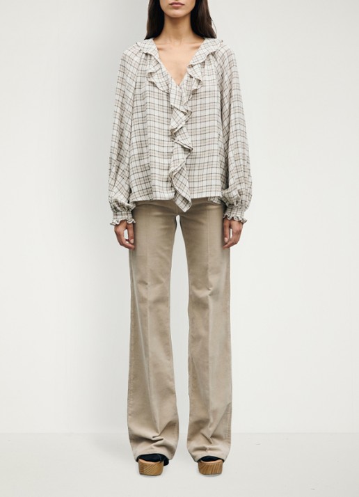 Gerard Darel Lisel tuniek in wolblend met ruitdessin en ruches - voorkant 2 beige