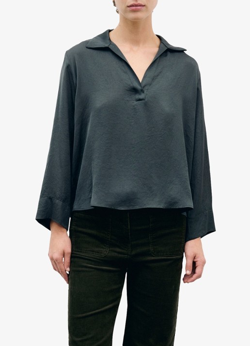 Gerard Darel Lorea satijnen tuniek met V-hals - detail mosgroen