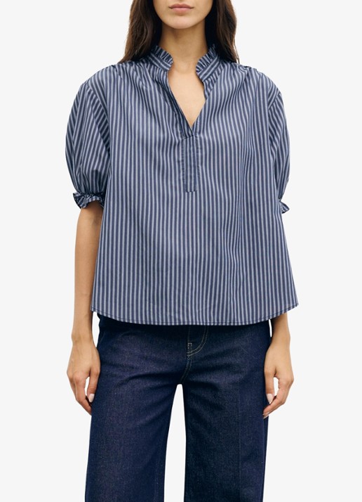 Gerard Darel Louann tuniek met streepprint en ruches - detail blauw