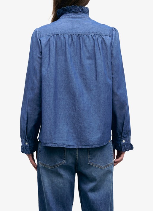 Gerard Darel Loupy blouse van denim met ruches - achterkant 4 donkerblauw