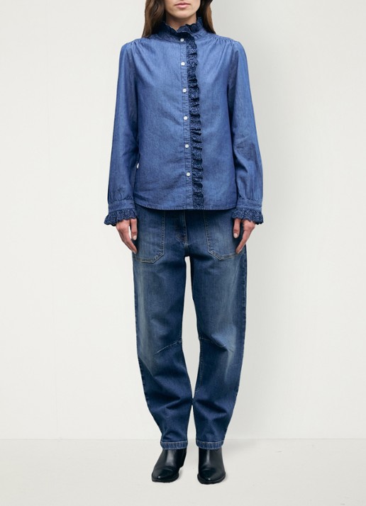 Gerard Darel Loupy blouse van denim met ruches - voorkant 3 donkerblauw