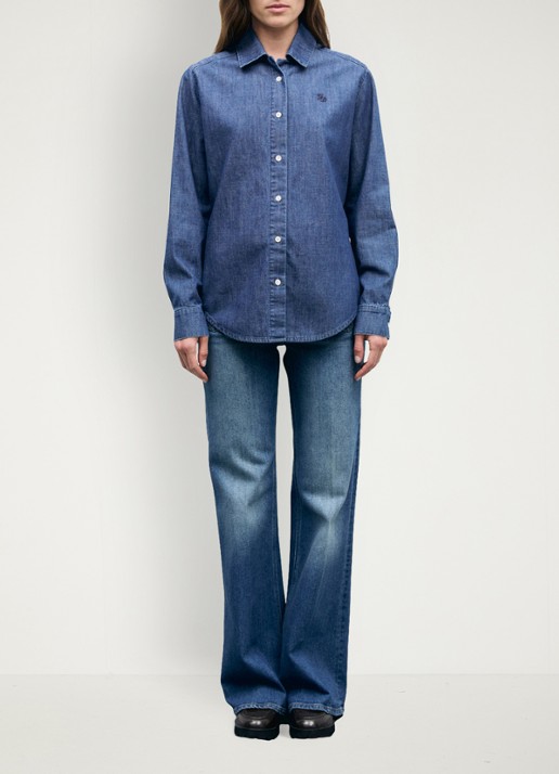 Gerard Darel Lucy blouse van denim met logoborduring - voorkant 3 donkerblauw