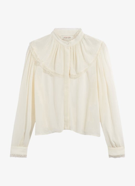 Gerard Darel Lumina blouse van crêpe met ruches en kant - voorkant 2 creme